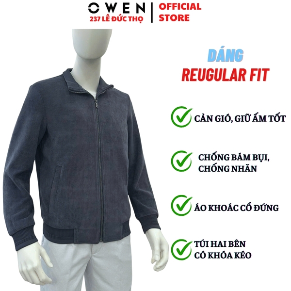 Áo Khoác Jacket Owen JK256180 màu xám dáng regular fit, cổ cao 3 phân, khóa kéo, tay và gấu bo chun chất liệu Nylon Spandex