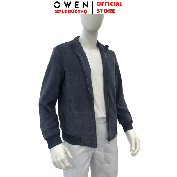 Áo Khoác Jacket Owen JK256180 màu xám dáng regular fit, cổ cao 3 phân, khóa kéo, tay và gấu bo chun chất liệu Nylon Spandex