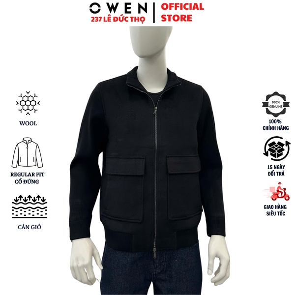 Áo khoác Jacket Owen JK256182 màu đen dáng suông regular fit chất liệu wool polyester