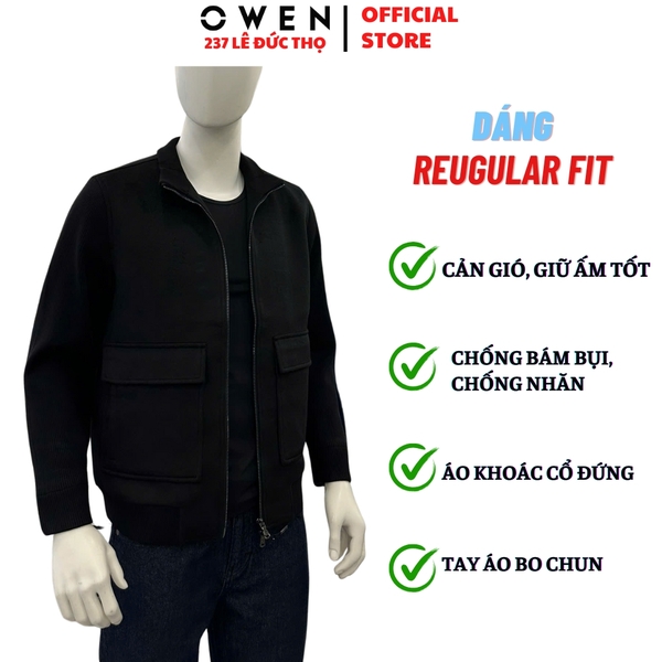 Áo khoác Jacket Owen JK256182 màu đen dáng suông regular fit chất liệu wool polyester