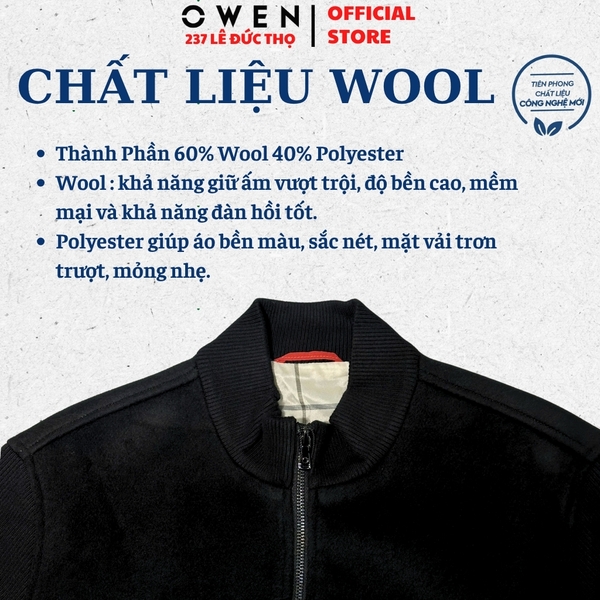 Áo khoác Jacket Owen JK256182 màu đen dáng suông regular fit chất liệu wool polyester
