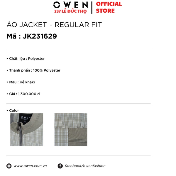 Áo Khoác Jacket Owen JK231629 màu xanh lá nhạt họa tiết dáng regular fit  vải polyester