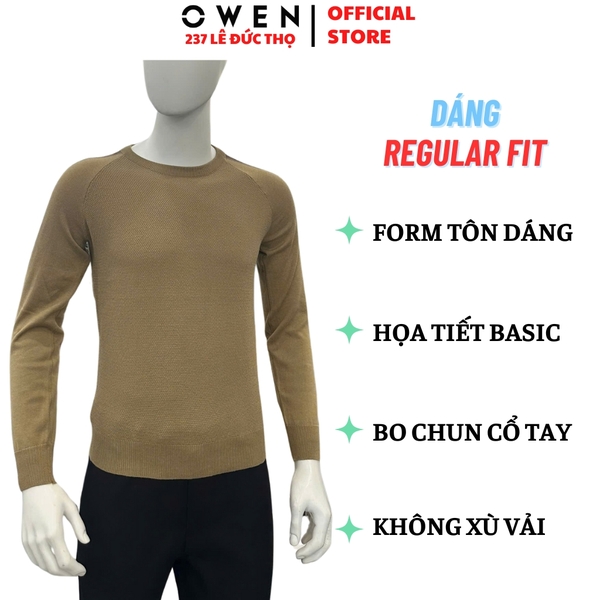 Áo len nam Owen ALC256019 màu nâu dáng suông regular fit cổ tròn chất liệu len acrylic cotton