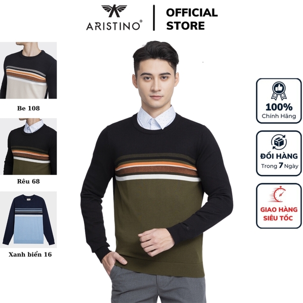 Áo len nam Aristino AWO003W3 Màu Be 108 kẻ Jacquard, Reu 68 kẻ Jacquard, Xanh biển 16 kẻ Jacquard