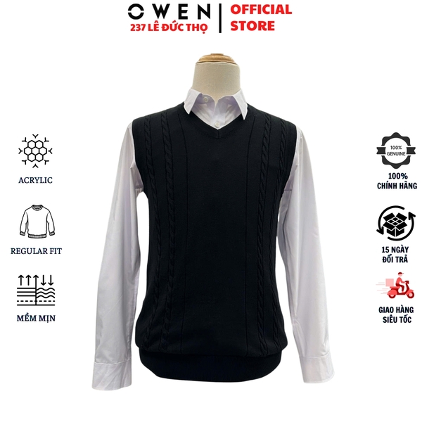 Áo len nam Owen ALG256006 màu đen áo gile cổ tim dáng suông regular fit chất liệu len acrylic cotton