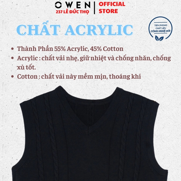 Áo len nam Owen ALG256006 màu đen áo gile cổ tim dáng suông regular fit chất liệu len acrylic cotton
