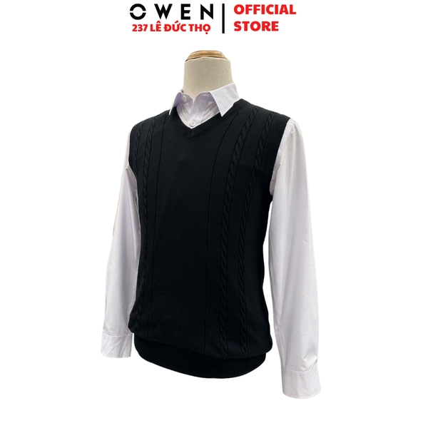 Áo len nam Owen ALG256006 màu đen áo gile cổ tim dáng suông regular fit chất liệu len acrylic cotton