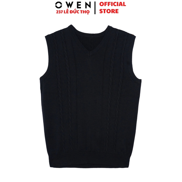Áo len nam Owen ALG256006 màu đen áo gile cổ tim dáng suông regular fit chất liệu len acrylic cotton