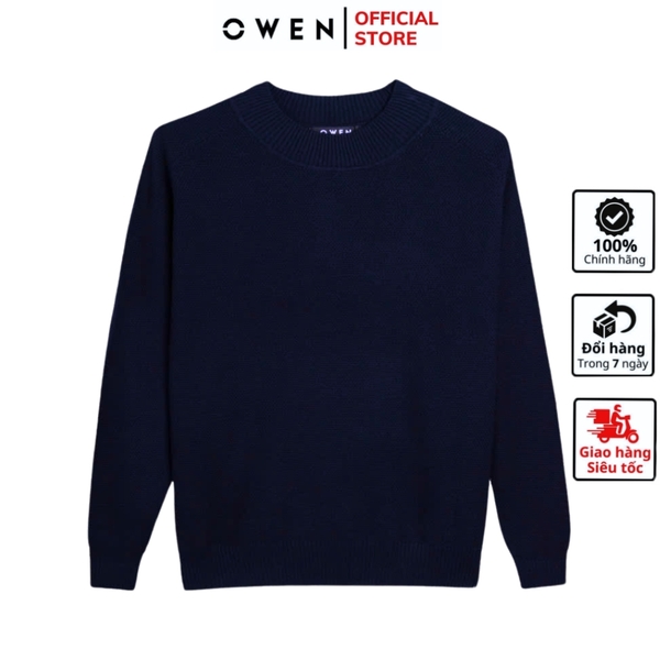 Áo len nam owen ALC241296 màu xanh tím than dáng suông regular fit cổ 3 phân chất liệu Acrylic