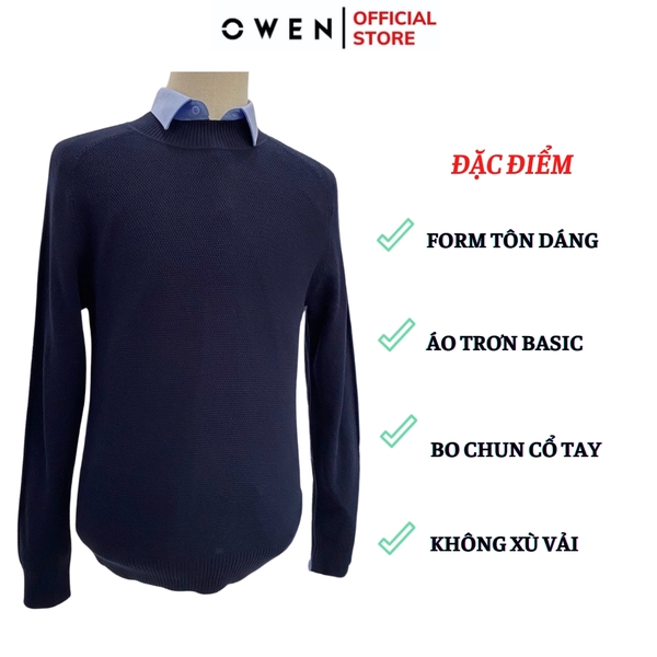 Áo len nam owen ALC241296 màu xanh tím than dáng suông regular fit cổ 3 phân chất liệu Acrylic