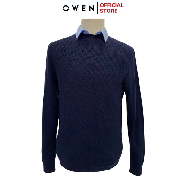 Áo len nam owen ALC241296 màu xanh tím than dáng suông regular fit cổ 3 phân chất liệu Acrylic