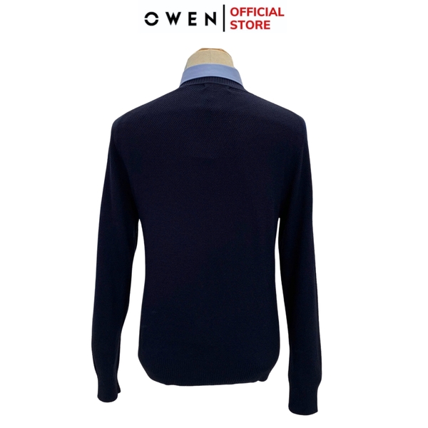 Áo len nam owen ALC241296 màu xanh tím than dáng suông regular fit cổ 3 phân chất liệu Acrylic