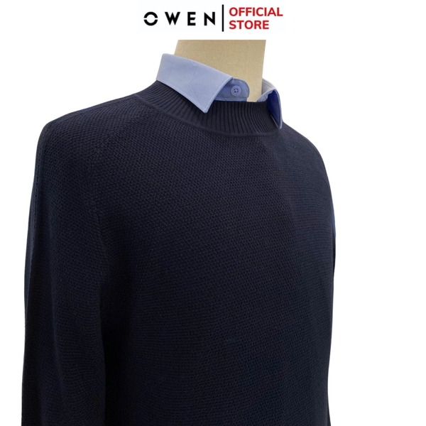 Áo len nam owen ALC241296 màu xanh tím than dáng suông regular fit cổ 3 phân chất liệu Acrylic