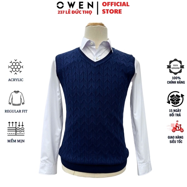 Áo Gile len nam Owen ALG256008 màu xanh tím than vặn thừng gile cổ tim dáng suông regular fit chất liệu len acrylic cotton