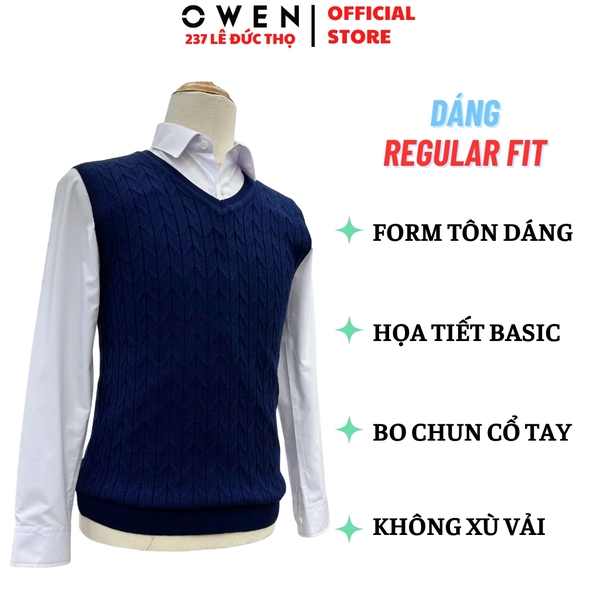 Áo Gile len nam Owen ALG256008 màu xanh tím than vặn thừng gile cổ tim dáng suông regular fit chất liệu len acrylic cotton