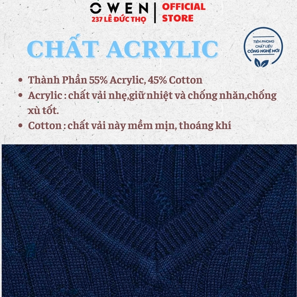 Áo Gile len nam Owen ALG256008 màu xanh tím than vặn thừng gile cổ tim dáng suông regular fit chất liệu len acrylic cotton