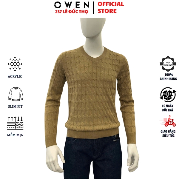 Áo len nam Owen ALC256011 màu rêu nhạt dáng ôm slim fit cổ tim chữ V chất liệu len acrylic cotton