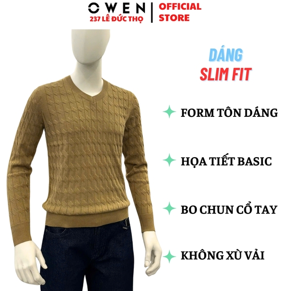 Áo len nam Owen ALC256011 màu rêu nhạt dáng ôm slim fit cổ tim chữ V chất liệu len acrylic cotton
