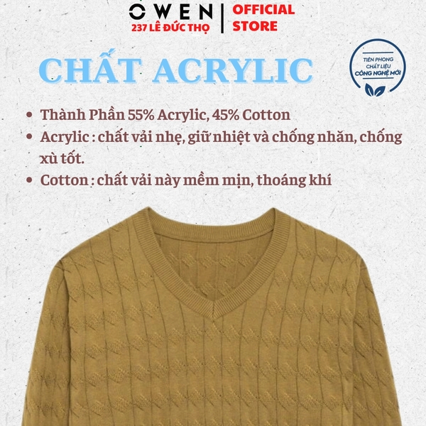 Áo len nam Owen ALC256011 màu rêu nhạt dáng ôm slim fit cổ tim chữ V chất liệu len acrylic cotton