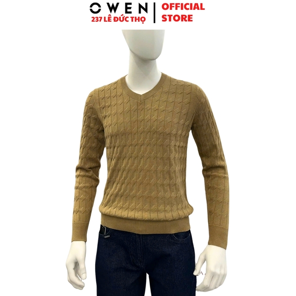 Áo len nam Owen ALC256011 màu rêu nhạt dáng ôm slim fit cổ tim chữ V chất liệu len acrylic cotton