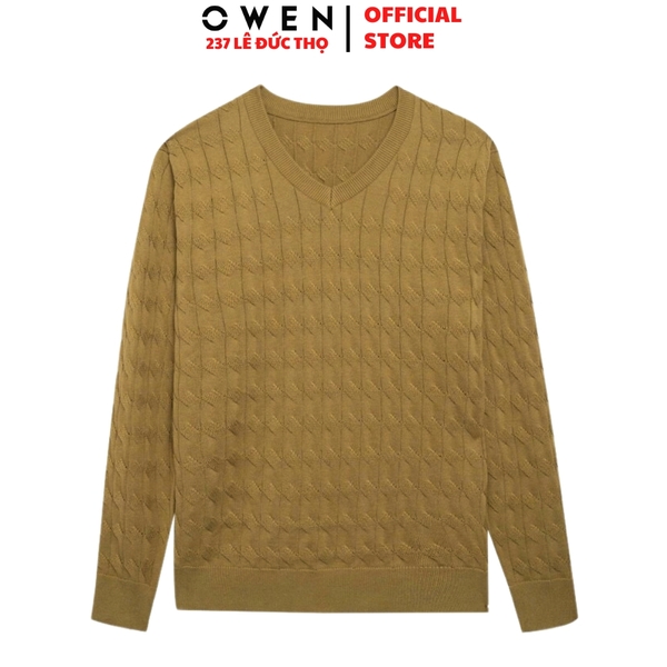 Áo len nam Owen ALC256011 màu rêu nhạt dáng ôm slim fit cổ tim chữ V chất liệu len acrylic cotton