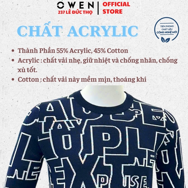Áo len nam Owen ALC256014 màu xanh tím than họa tiết chữ dáng suông regular fit cổ tròn chất liệu len acrylic cotton