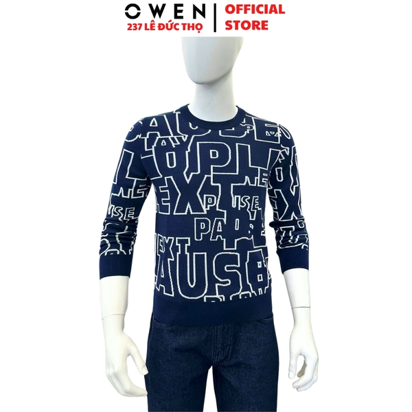 Áo len nam Owen ALC256014 màu xanh tím than họa tiết chữ dáng suông regular fit cổ tròn chất liệu len acrylic cotton