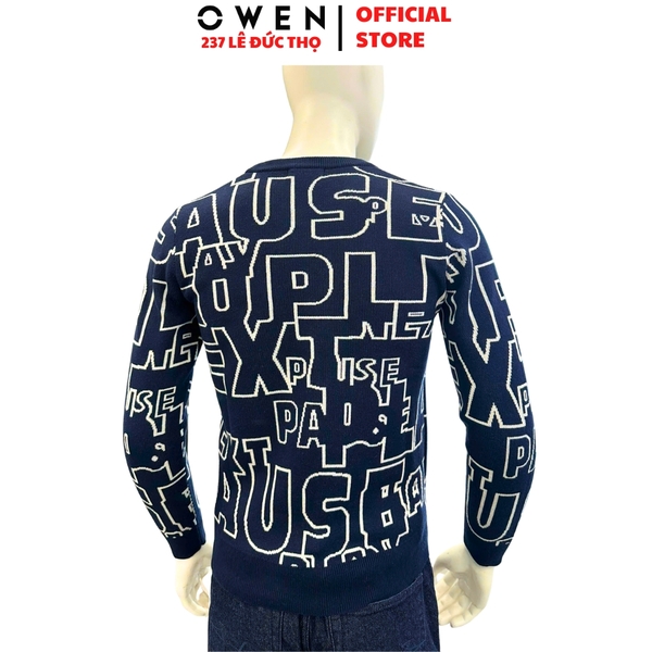 Áo len nam Owen ALC256014 màu xanh tím than họa tiết chữ dáng suông regular fit cổ tròn chất liệu len acrylic cotton