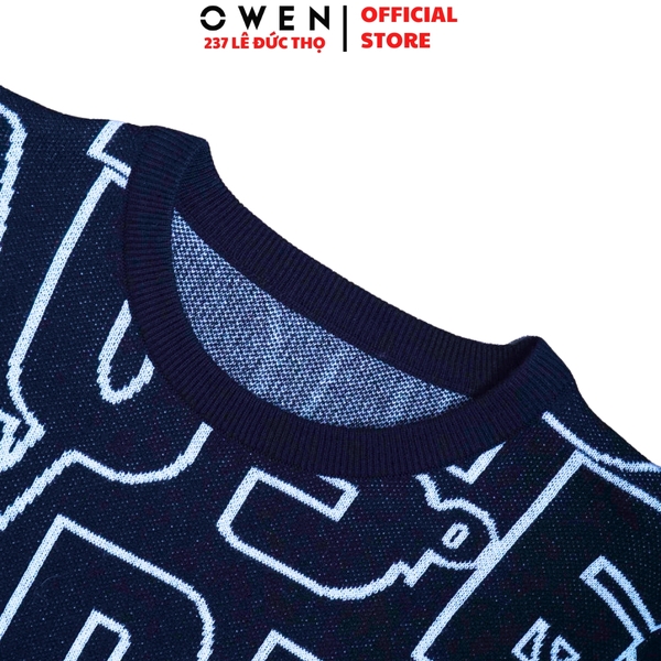 Áo len nam Owen ALC256014 màu xanh tím than họa tiết chữ dáng suông regular fit cổ tròn chất liệu len acrylic cotton