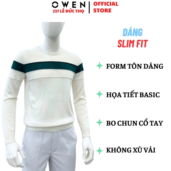 Áo len nam Owen ALC256015 màu trắng phối xanh dáng ôm slim fit cổ tròn chất liệu len acrylic cotton