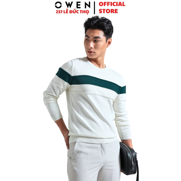 Áo len nam Owen ALC256015 màu trắng phối xanh dáng ôm slim fit cổ tròn chất liệu len acrylic cotton