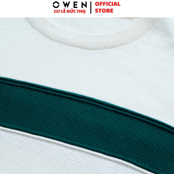 Áo len nam Owen ALC256015 màu trắng phối xanh dáng ôm slim fit cổ tròn chất liệu len acrylic cotton