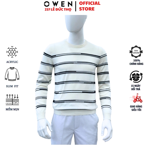 Áo len nam Owen ALC256016 màu trắng kẻ ngang đen dáng suông regular fit cổ tròn chất liệu len acrylic cotton