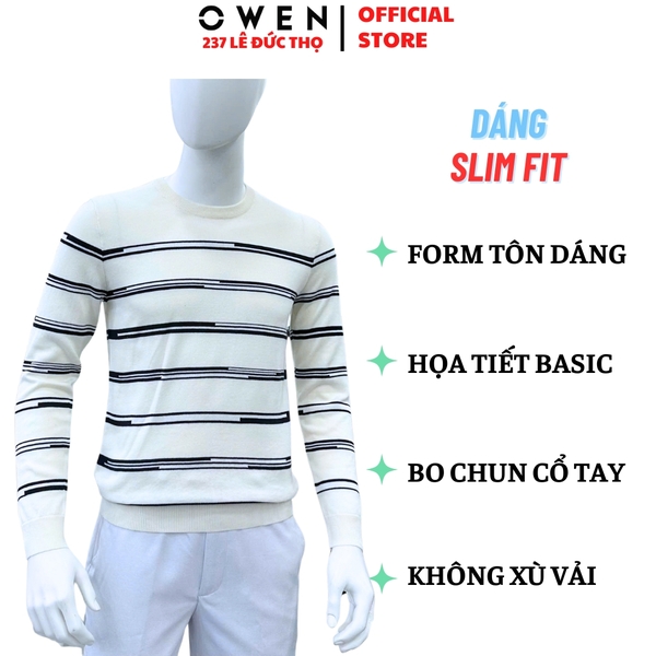 Áo len nam Owen ALC256016 màu trắng kẻ ngang đen dáng suông regular fit cổ tròn chất liệu len acrylic cotton