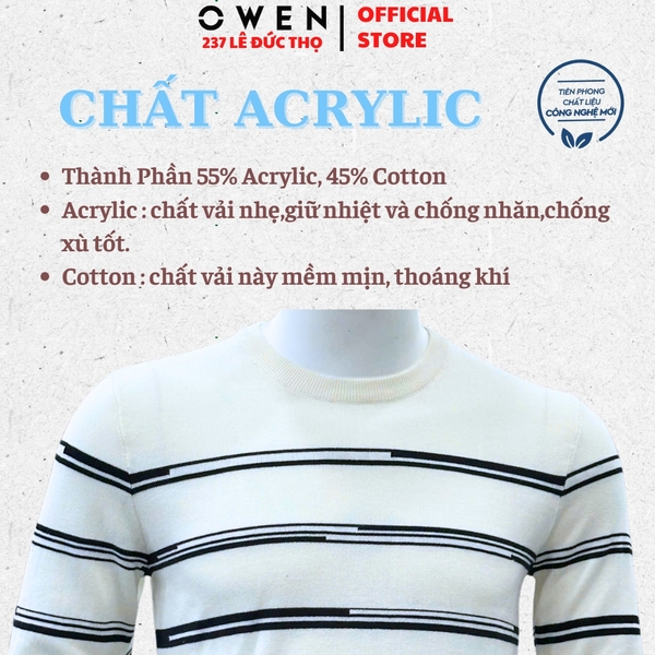 Áo len nam Owen ALC256016 màu trắng kẻ ngang đen dáng suông regular fit cổ tròn chất liệu len acrylic cotton