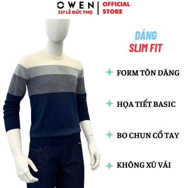 Áo len nam Owen ALC256017 màu xanh phối xám dáng ôm slim fit cổ tròn chất liệu len acrylic cotton
