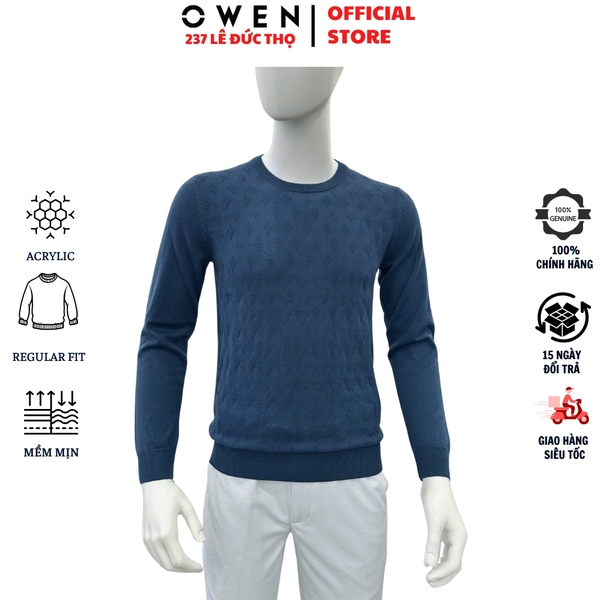 Áo Len Nam Owen ALC256020 màu xanh tím than dáng suông regular fit cổ tròn chất liệu Acrylic