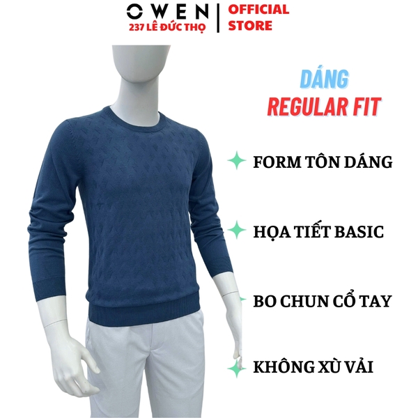 Áo Len Nam Owen ALC256020 màu xanh tím than dáng suông regular fit cổ tròn chất liệu Acrylic