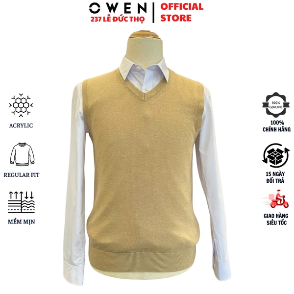Áo len nam Owen ALG256007 Áo Gile len màu be dáng suông regular fit cổ tim chữ V chất liệu len acrylic cotton