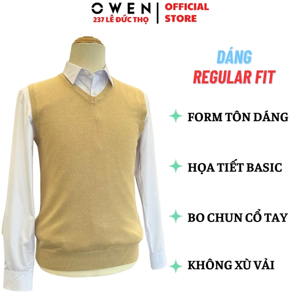 Áo len nam Owen ALG256007 Áo Gile len màu be dáng suông regular fit cổ tim chữ V chất liệu len acrylic cotton
