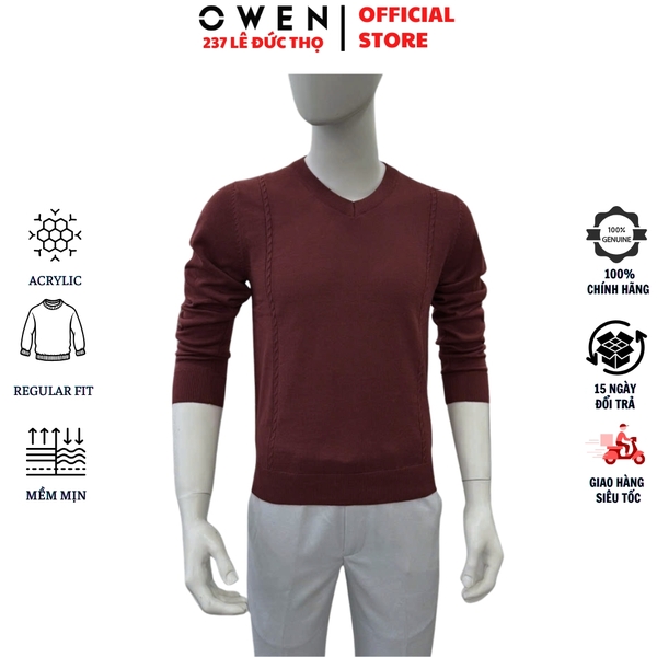 Áo Len Nam Owen ALC256009 màu đỏ dáng ôm slim fit cổ tim chữ V chất liệu Acrylic