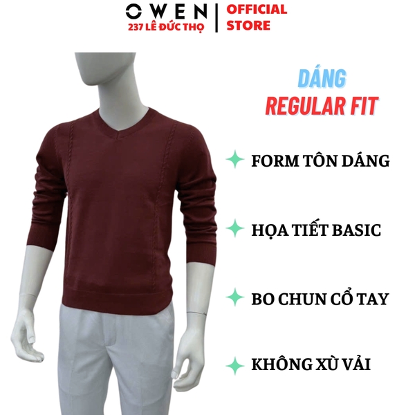 Áo Len Nam Owen ALC256009 màu đỏ dáng ôm slim fit cổ tim chữ V chất liệu Acrylic