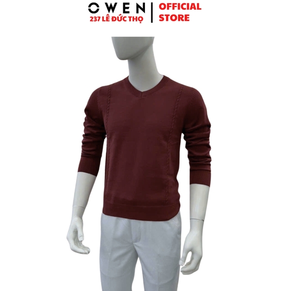 Áo Len Nam Owen ALC256009 màu đỏ dáng ôm slim fit cổ tim chữ V chất liệu Acrylic