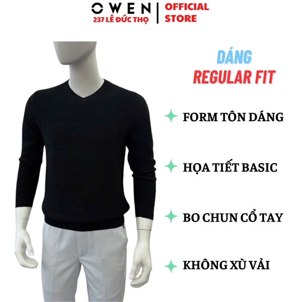 Áo Len Nam Owen ALC256233 màu đen dáng ôm slim fit cổ tròn chất liệu Rayon