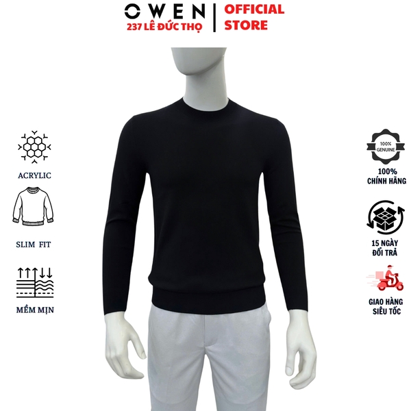 Áo Len Nam Owen ALC256013 màu đen dáng ôm slim fit cổ tim chữ V chất liệu Acrylic