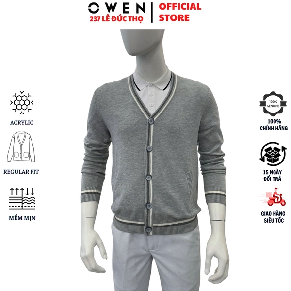 Áo Len Nam Owen ALD256005 màu xám nhạt áo khoác len dáng suông regular fit cổ tim chữ V chất liệu Acrylic