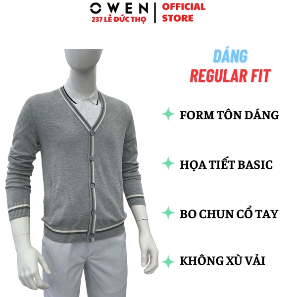 Áo Len Nam Owen ALD256005 màu xám nhạt áo khoác len dáng suông regular fit cổ tim chữ V chất liệu Acrylic