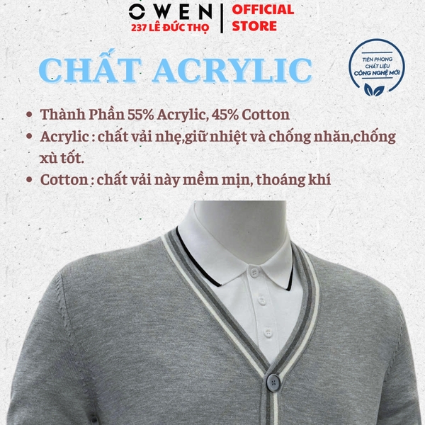 Áo Len Nam Owen ALD256005 màu xám nhạt áo khoác len dáng suông regular fit cổ tim chữ V chất liệu Acrylic