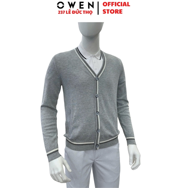 Áo Len Nam Owen ALD256005 màu xám nhạt áo khoác len dáng suông regular fit cổ tim chữ V chất liệu Acrylic