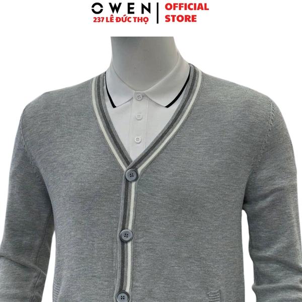 Áo Len Nam Owen ALD256005 màu xám nhạt áo khoác len dáng suông regular fit cổ tim chữ V chất liệu Acrylic